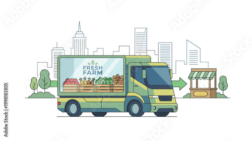 An electric delivery truck transports crates of fresh farm produce to a local market stall against a stylized city skyline in soft pastel green shades.