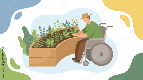 A gentle flat-style illustration shows a farmer in a wheelchair carefully tending to a curved wooden raised garden bed filled with lush green herbs.