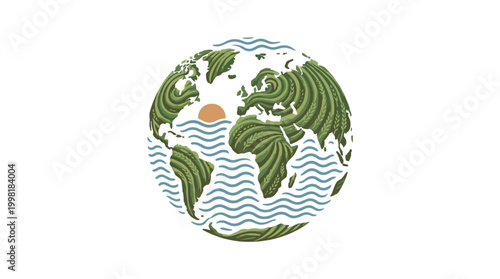 Stylized globe illustration where landmasses are formed by green wheat stalks and oceans are represented by blue wavy lines on a clean white background.