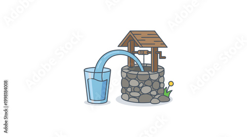Clean vector-style graphic showing a rustic stone well pouring fresh water into a clear glass set against a plain background for educational purposes.