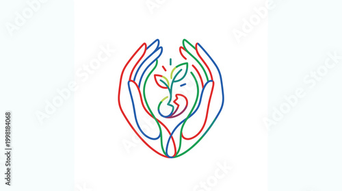 Vibrant multi-colored single-line drawing of two hands cupping a small sprouting plant emphasizing themes of growth and environmental care and nurture.
