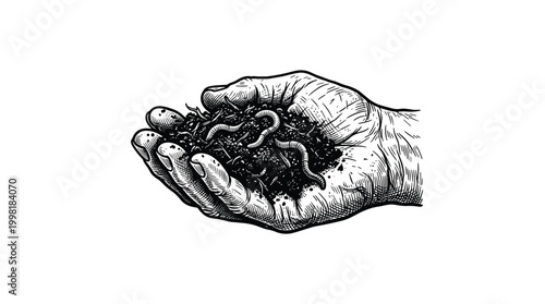 Detailed black and white line-art illustration of a human hand gently cradling a handful of rich dark compost teeming with active wriggling earthworms.