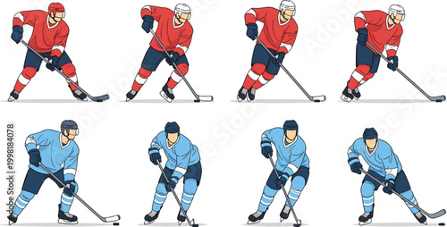 Ice Hockey Player Character Set with Eight Action Poses in Red and Blue Uniforms Holding Sticks for Sports Branding, Team Logos, Tournament Posters, and Athletic Graphic Design Projects