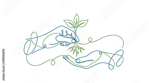Elegant continuous single-line drawing style depicting two gentle hands carefully transferring a small green sprout with delicate roots between them.