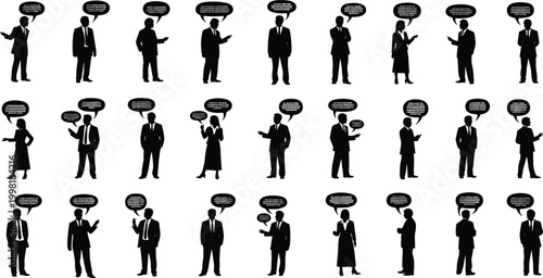 Business communication silhouette illustration, professional networking artwork, corporate discussion vector, speech bubble design, teamwork conversation graphic, office interaction concept