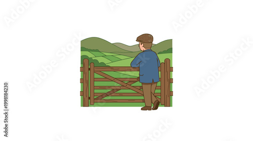 A solitary rustic farmer wearing a flat cap leans thoughtfully against a sturdy wooden gate overlooking the sprawling green hills of a quiet countryside.