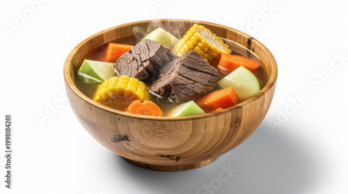 Caldo de Res in Bamboo Bowl 30 Degree Angle Isolated on White Background Studio Image