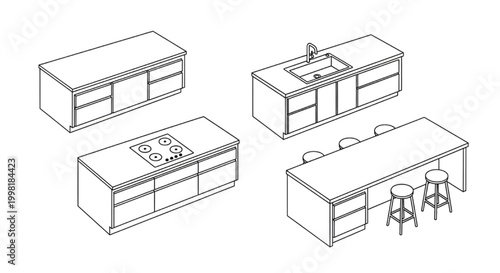 Kitchen Island CAD Blocks Set – Isometric Counter Units with Sink, Cooktop and Seating for Interior Design Layouts