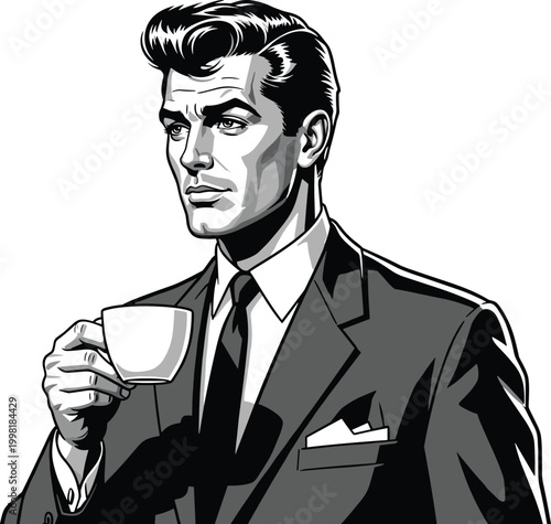 Businessman silhouette illustration, formal suit and tie, vintage comic style, coffee cup artwork, retro pop art design, professional character