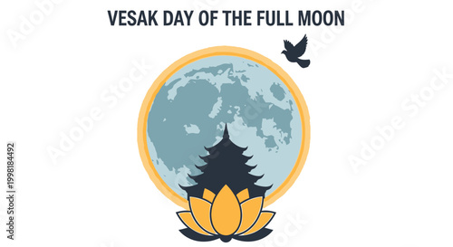 vesak day full moon illustration with temple and lotus flower