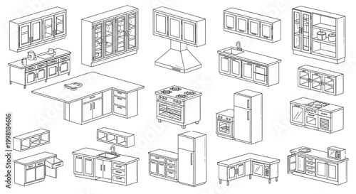Isometric Kitchen Furniture CAD Blocks Set – Cabinets, Appliances, Counters and Modular Interior Elements Collection
