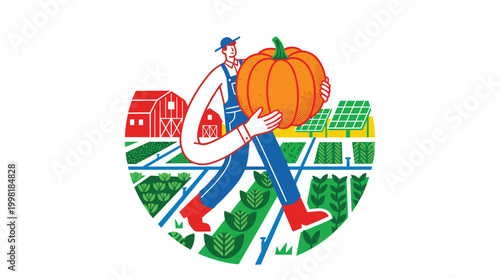 A farmer with long arms carries a massive orange pumpkin through a neat field featuring solar panels and a red barn in a vibrant and modern illustration.