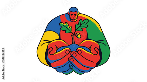 A person with large, colorful hands gently cradles a tiny oak sapling with a small acorn in a vibrant and symbolic composition of nature and protection.
