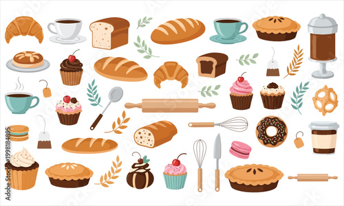 Bakery Food Elements Set, Bread Croissant, Cupcake, Donut, Coffee, and Dessert Items