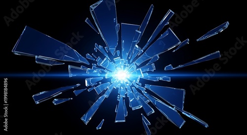 Explosion of blue glass shards with a bright light in the center explosion shattered