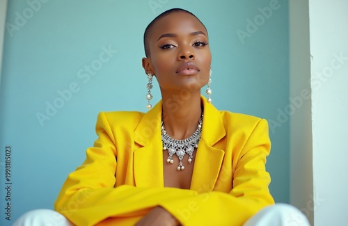 Woman with short hair wears yellow jacket. Silver statement necklace, long pearl earrings accessorize look. Poses confidently against soft blue background. Fashionable portrait emphasizes style.
