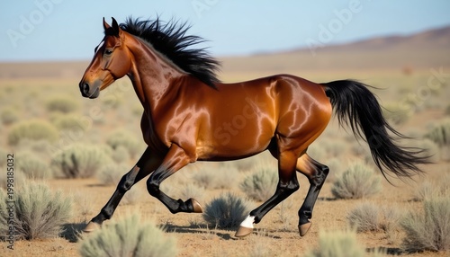 Brown horse runs in desert landscape. Mane flows, muscles show definition. Animal moves fast across dry ground with sparse bushes. Clear sky overhead, bright sun.
