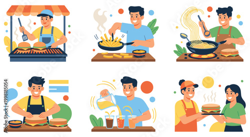 Graphic set showing cook making burgers and frying potatoes or boiling pasta and pouring drinks. Street food vendor illustration with diverse culinary actions and delicious meal preparation.