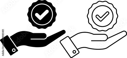 Quality Guarantee Hand Badge Icon Set Verified Checkmark Assurance Outline And Glyph Vector Illustration