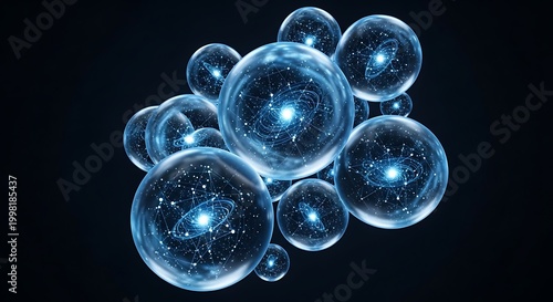 Cluster of glowing blue orbs with light trails in dark space abstract background abstract