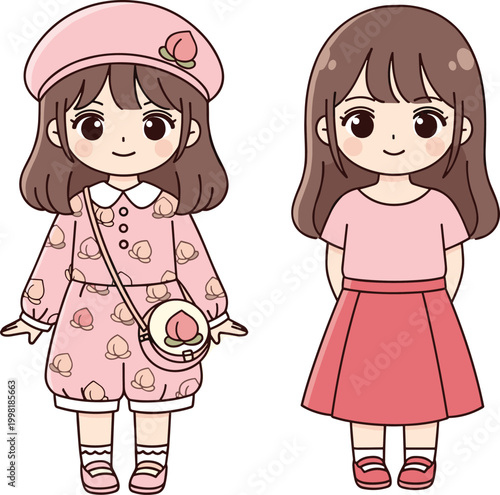 Cartoon girls fashion, peach print romper, red skirt, cute style, pastel theme, anime aesthetic, kawaii vibe, twin sisters, digital illustration, character design