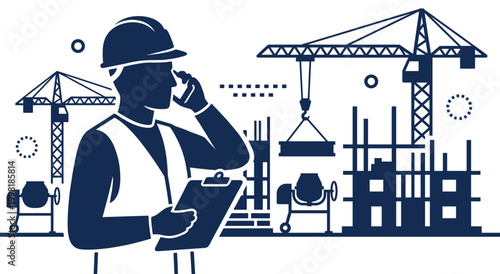 Construction worker in hard hat and vest holds clipboard and phone. Site features cranes, concrete mixers, and unfinished building structure. Industrial engineering concept.