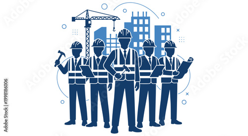 Team of construction workers in hard hats and safety vests, holding tools and blueprints. They are planning and building city skyscrapers. Crane and buildings in background.