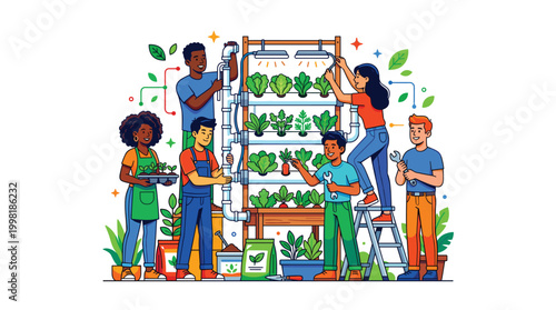 Diverse young farmers meticulously assemble a vertical hydroponic growing system with pipes and LED lights in a bright modern indoor greenhouse space.