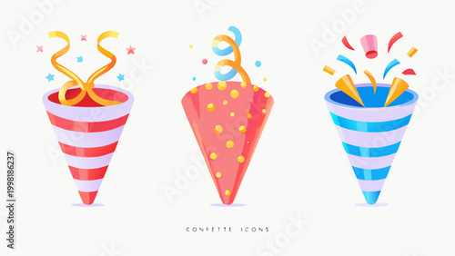 Festive confetti cones colorful vector illustration on white background
