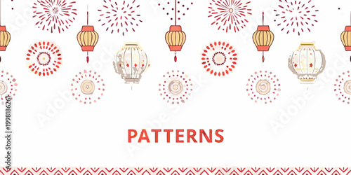 seamless pattern with traditional lanterns and fireworks