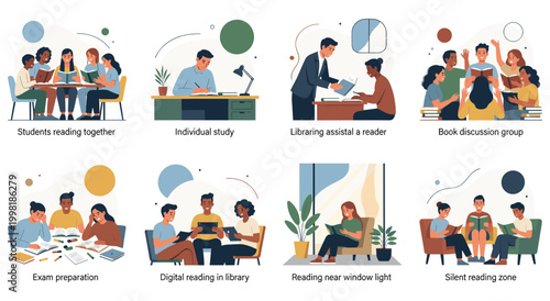 Vector illustrations show various reading scenarios: students studying together, individual desk work, library assistance, book discussion groups, exam prep, digital reading,