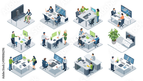 isometric office scenes with people working at desks colorful illustration