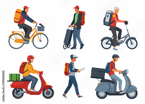 Delivery people on bikes and scooters vector illustration isolated on white