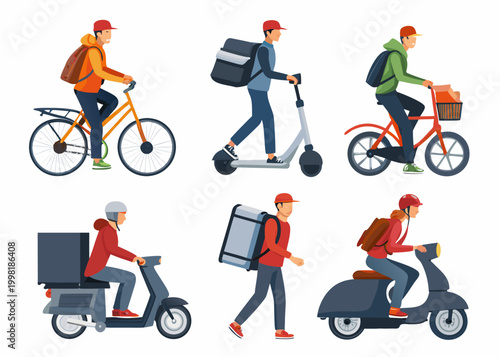 Delivery couriers on bicycles scooters and foot vector illustration