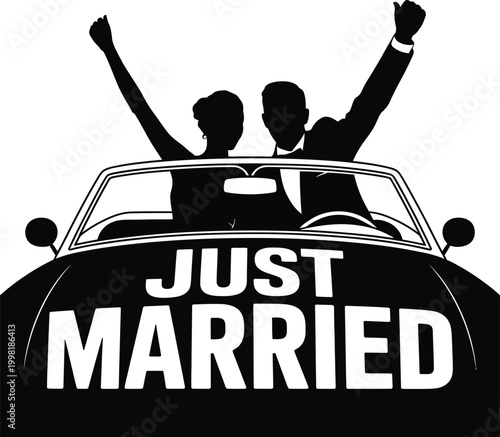 Black silhouette of happy couple in convertible with just married text