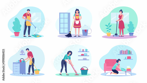 vector illustration of people performing various household chores colorful