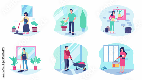 vector illustrations of people performing various household chores