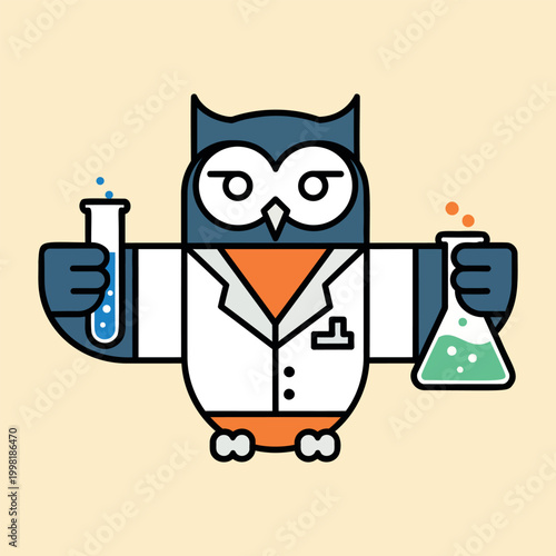 Charming animated owl in a lab coat, holding chemistry glassware; a delightful symbol for scientific learning, research, and educational content