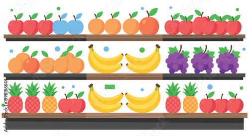 Neat grocery store display showcasing assortment of fresh fruits. Three shelves are filled with rows of vibrant apples, oranges, bananas, pineapples, and grapes, ready for purchase.