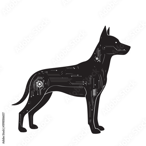 Futuristic Cyber Style Black Dog Silhouette Vector Pose 2 - Glowing Digital Circuit Canine Art for Tech Logos, Gaming Brands, and Sci-Fi Graphic Design