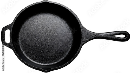 cookware cutout of black cast iron skillet, classic kitchen pan with seasoned surface and sturdy handle detail, sharp focus, clean edges high definition, isolated on white background