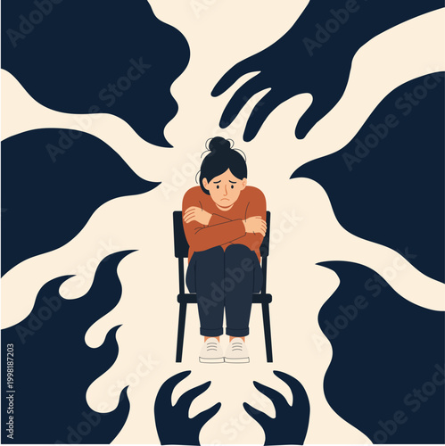 Anxious woman surrounded by oppressive shadows