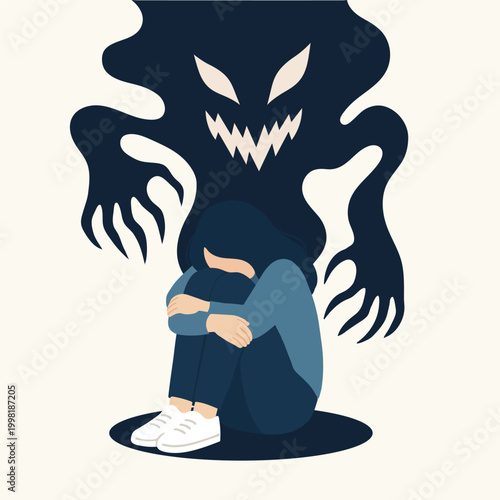 Scared girl facing a shadow monster