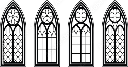 Gothic Church Cathedral Window Set with Floral Rose and Diamond Lattice Pattern for Religious Architecture and Medieval Designs