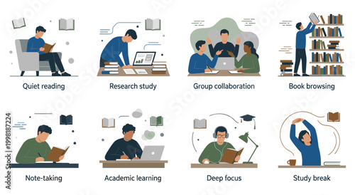 Collection of flat vector illustrations depicting quiet reading and research study plus group collaboration and academic learning scenes. Modern workspace with people focused on education tasks.