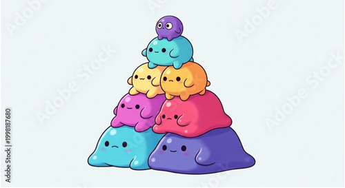 A charming pyramid of cute, colorful blob characters stacked precariously on each other, in a whimsical and playful illustration