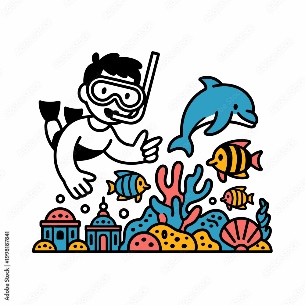 Fototapeta premium Snorkeler Exploring Colorful Coral Reef with Dolphin and Fish