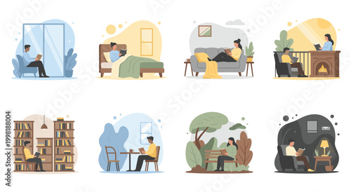 Set of illustrations featuring characters enjoying literature in bed or on sofa and at park or library. Cozy domestic scenes and public spaces for relaxation through reading favorite books.