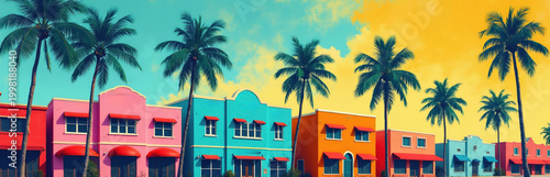 Brightly colored buildings with awnings line a street with palm trees. A vivid blue sky with yellow clouds above, creating a retro travel poster feel.