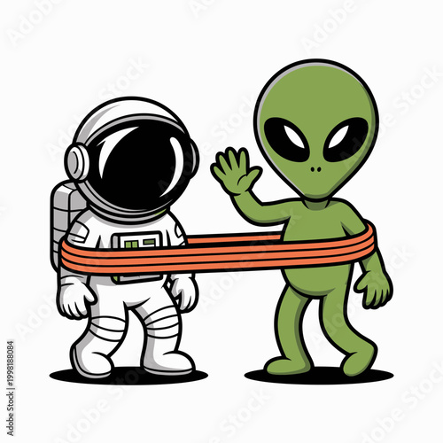 Astronaut and Green Alien Connected by Red Straps